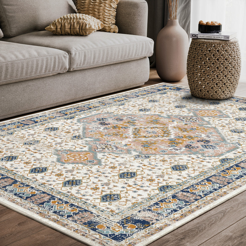 Abani Porto PRT150A Traditional Ivory and Orange Medallion Area Rug