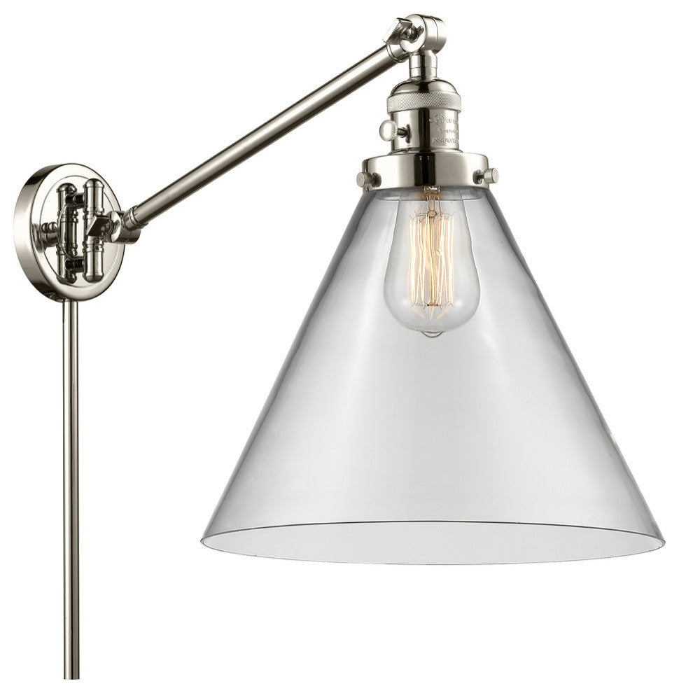 X-Large Cone 1-Light Swing Arm, Polished Nickel, Clear