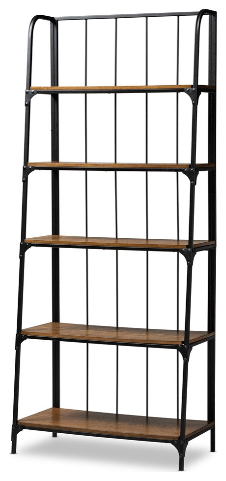 Rustic Distressed Wood and Black Metal Finished 2-Tier Living Room Ladder Shelf