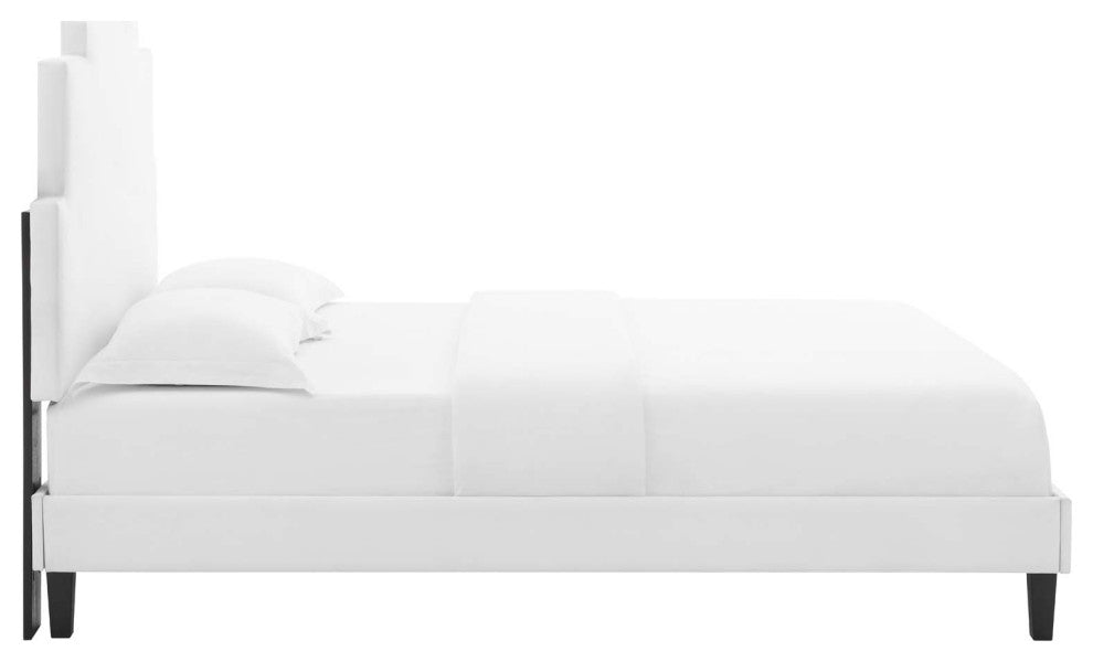 Platform Bed Frame, King Size, Velvet, White, Modern Contemporary, Bedroom