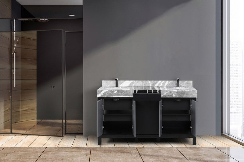 Zilara 60" Black and Grey Double Vanity, Balzani Gun Metal Faucet Set