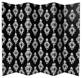 6' Tall Double Sided Black and White Damask Canvas Room Divider 6 Panel