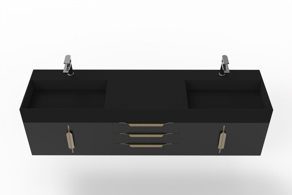 CastelloUSA Nile 72" Wall Mounted Bathroom Vanity Set, Black, Black Top, Gold Handles