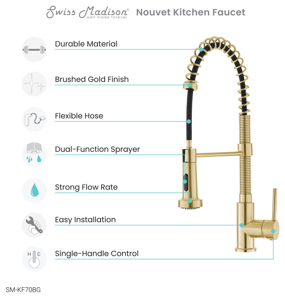 Nouvet Single Handle, Pull-Down Kitchen Faucet 18"H, Brushed Gold