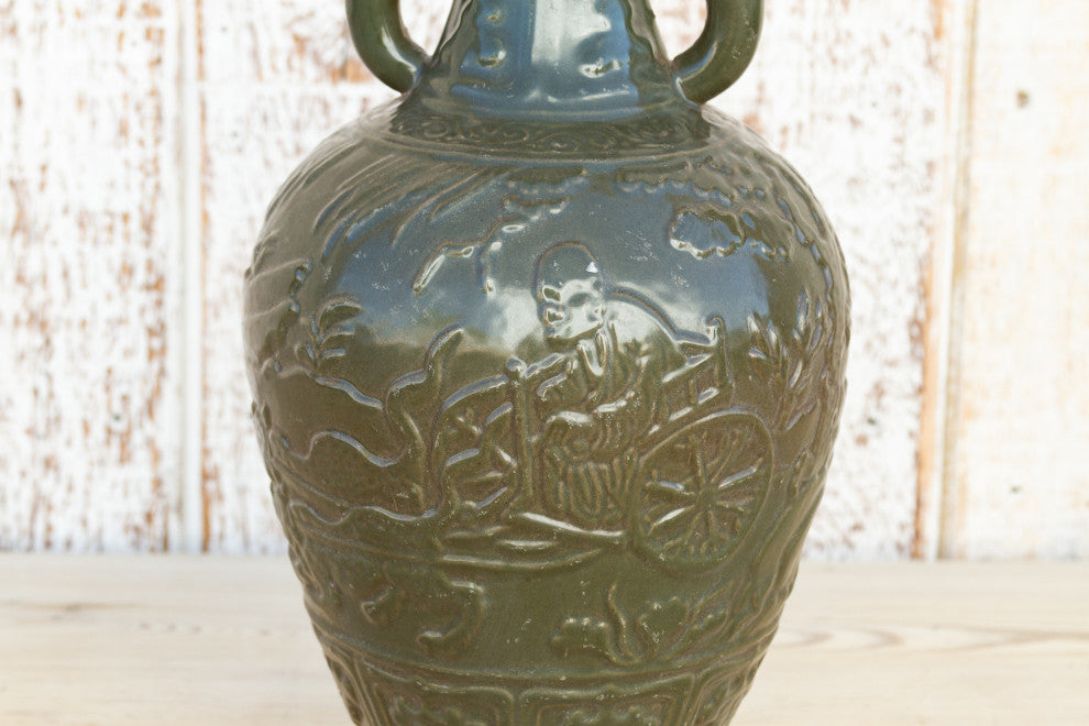 Elephant Handle Green Glazed Vase