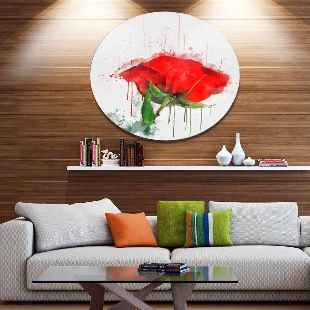 Red Rose Hand-Drawn Painting, Floral Large Disc Metal Wall Art, 23"
