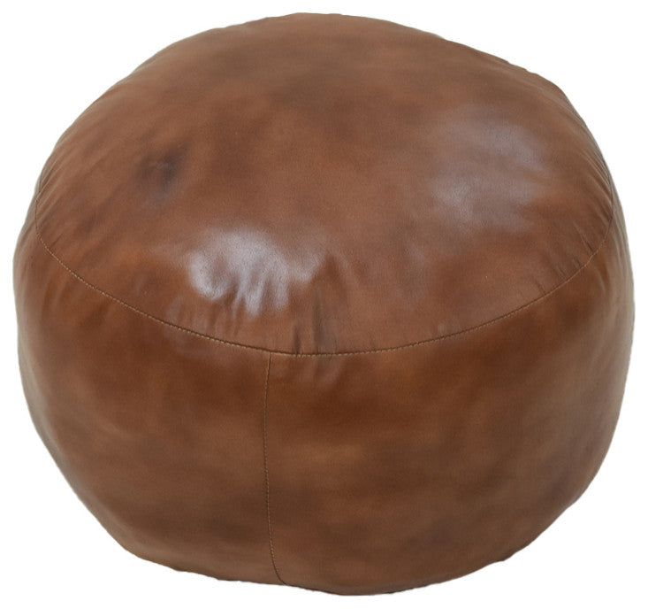 Pouf-Solid Handmade Leather Pouf (Recycled Foam with Fiber Fill), Light Brown, {Round]21x21x12