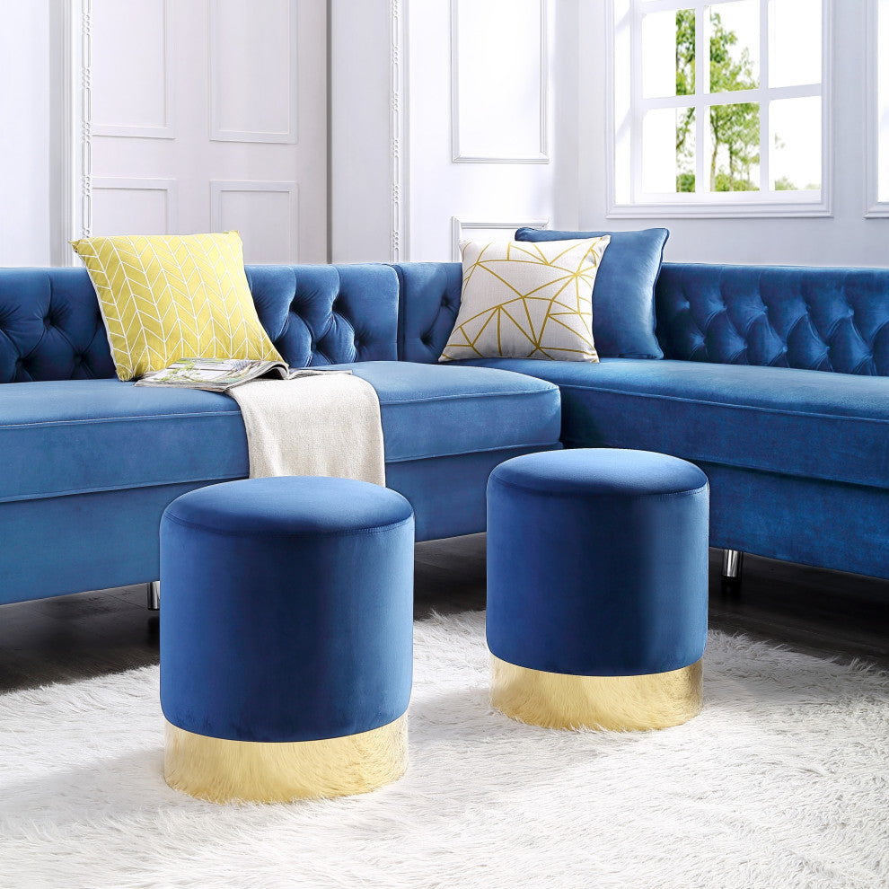 Madelyn Velvet Round Ottoman With Metal Base, Navy/Gold