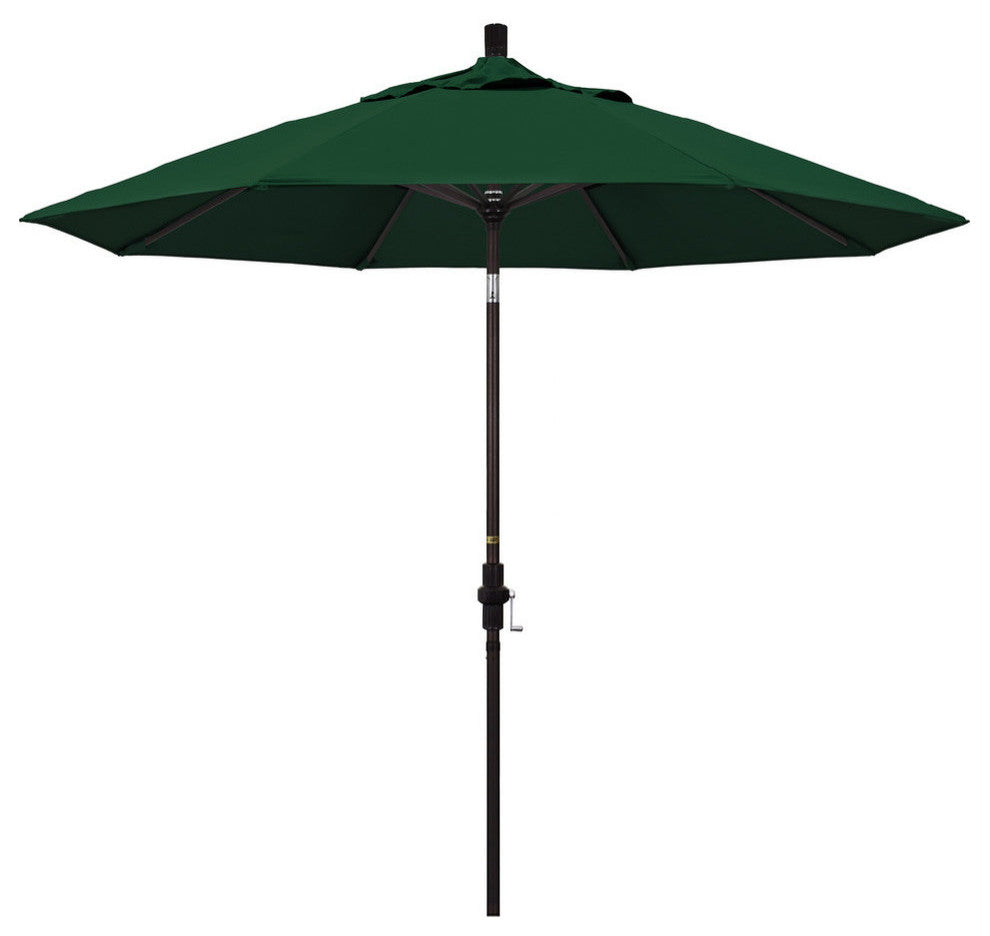 9' Bronze Collar Tilt Crank Lift Aluminum Umbrella, Sunbrella, Forest Green