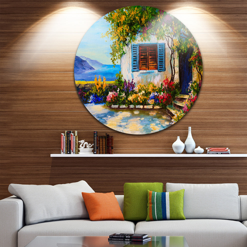 House Near Sea Oil Painting, Landscape Painting Round Wall Art, 11"
