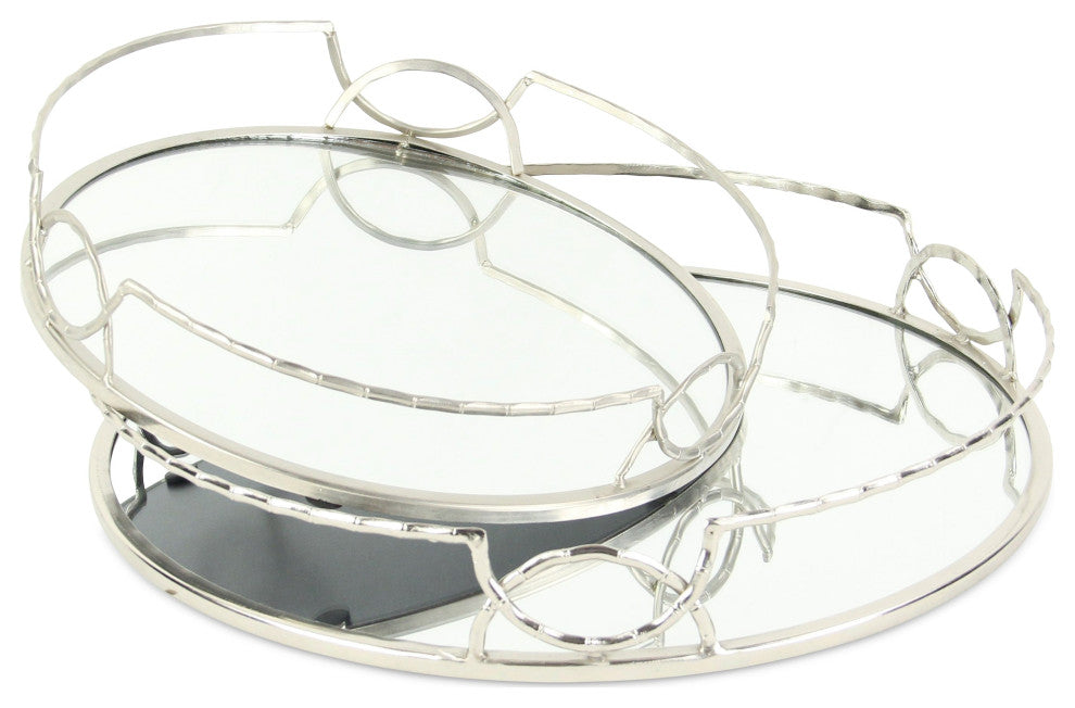 Mianzi Round Bamboo-Inspired Rim Silver Metal Trays (Set of 2)