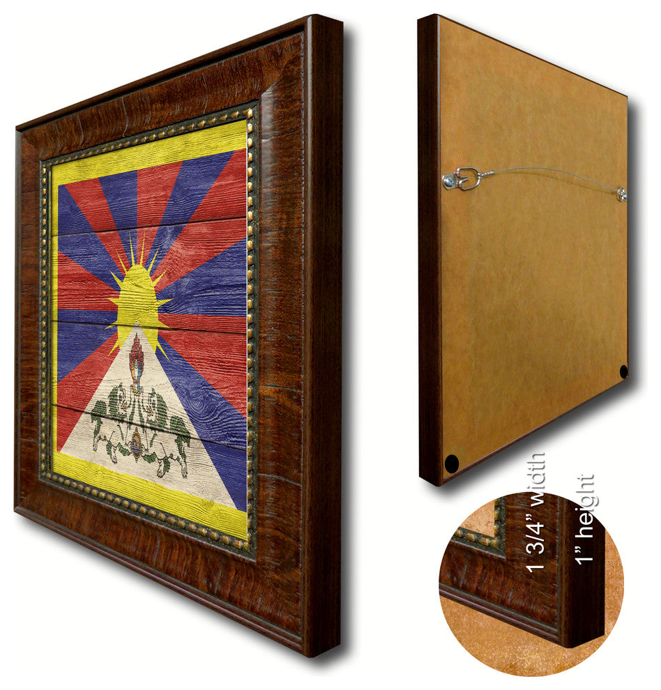 Tibet Country Textured Flag Print With Brown Gold Frame, 15"X21"