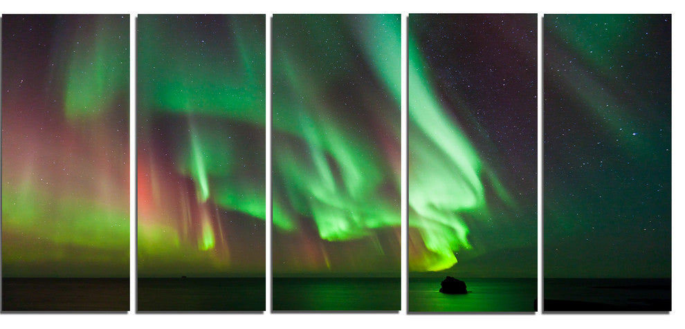 Green Northern Lights Aurora, Large Abstract Canvas Wall Art, 60"x28", 5 Panels