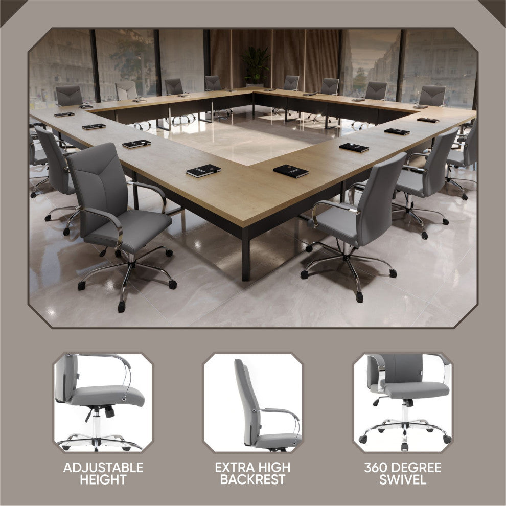 LeisureMod Sonora High-Back Adjustable Leather Conference Chair, Gray