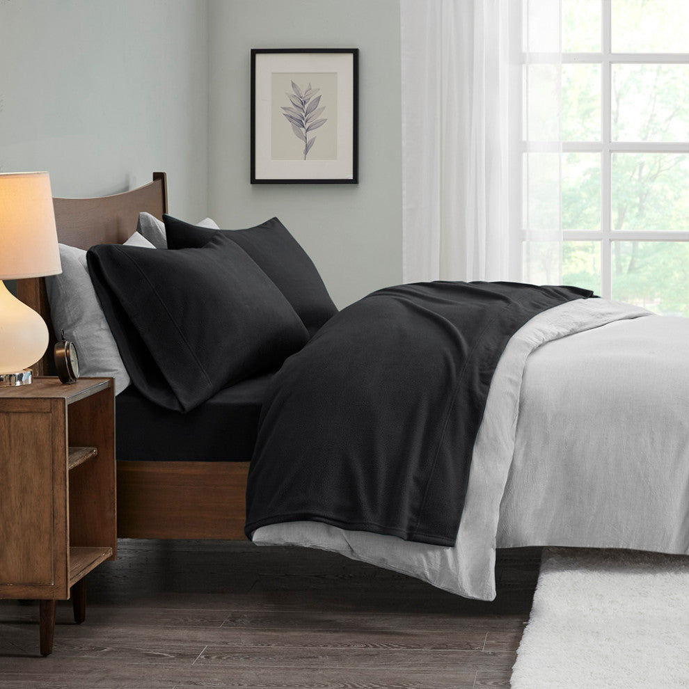 True North by Sleep Philosophy Microfleece Warm Sheet Set, Black, Twin