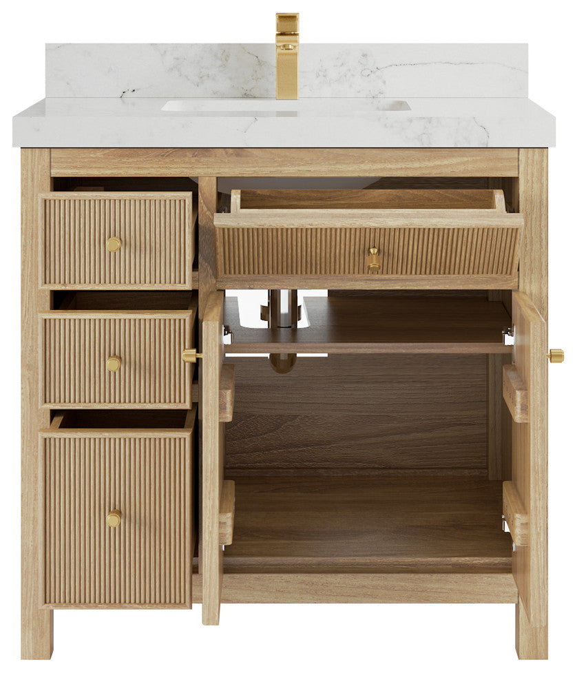 Sonoma 36 Center Sink Bath Vanity in Light Natural Teak with 2" Calacatta Nuvo