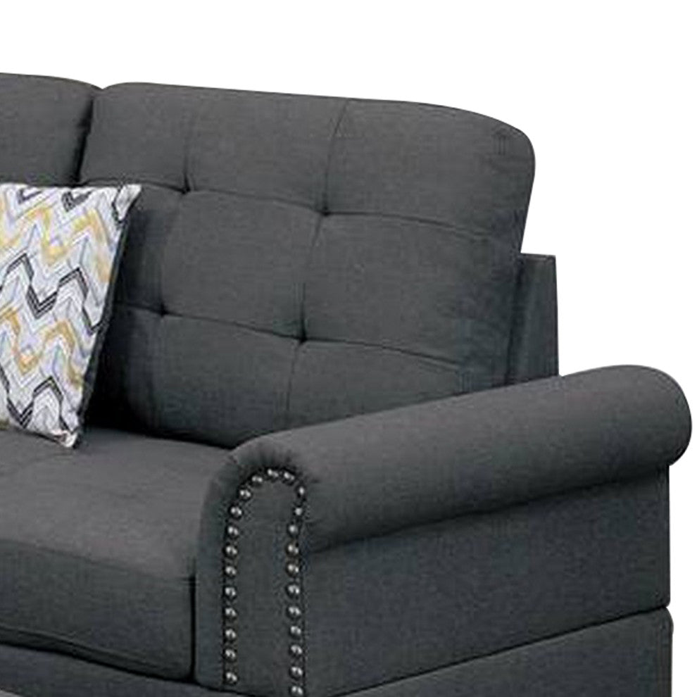 Benzara BM268876 3 Piece Sectional Sofa With Ottoman/Tufted Details, Dark Gray