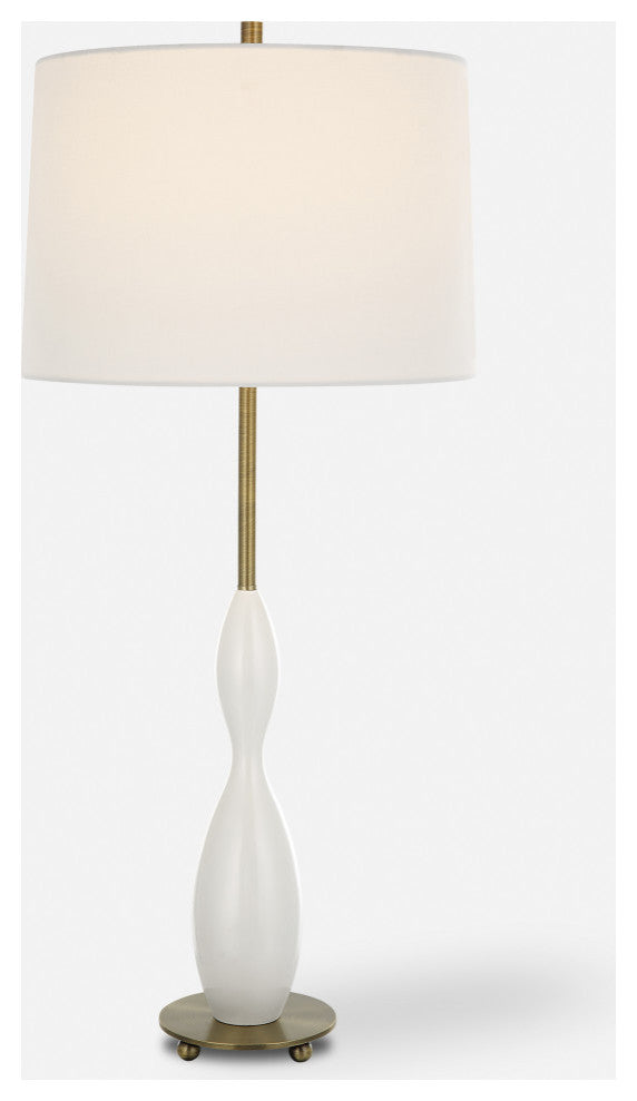 Curvy Slim Gourd Shape Gloss White Table Lamp 34 in Tall Slim Brass Gold