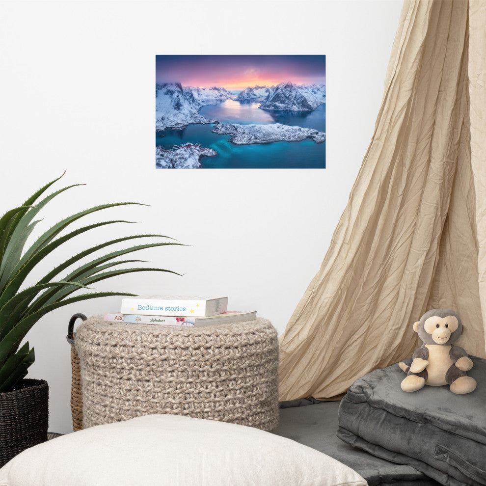 Reine at Winter Sunset Icy Mountain Landscape Photo Loose Wall Art Prints, 12" X 18"