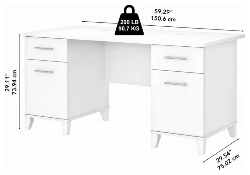 Transitional Desk, Double Pedestal With File & Storage Drawers, White