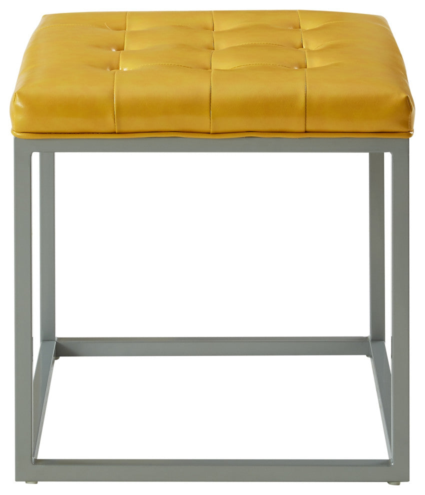 Teresa PU Leather Button Tufted Metal Frame Cube Ottoman, Yellow