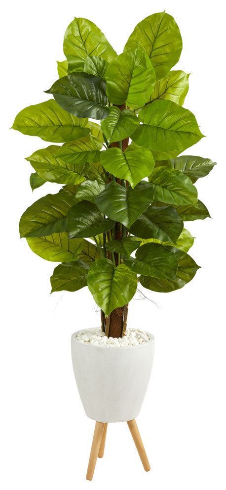 60" Large Leaf Philodendron Faux Plant, White Planter With Stand, Real Touch