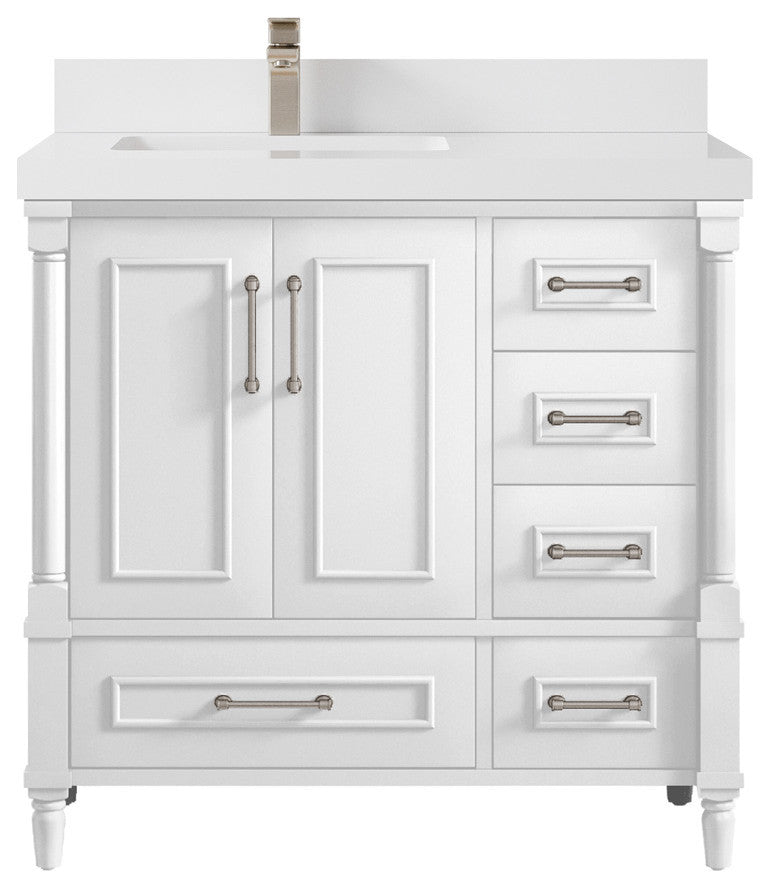 Aberdeen 36 Left Offset Bath Vanity in White 2" White Quartz
