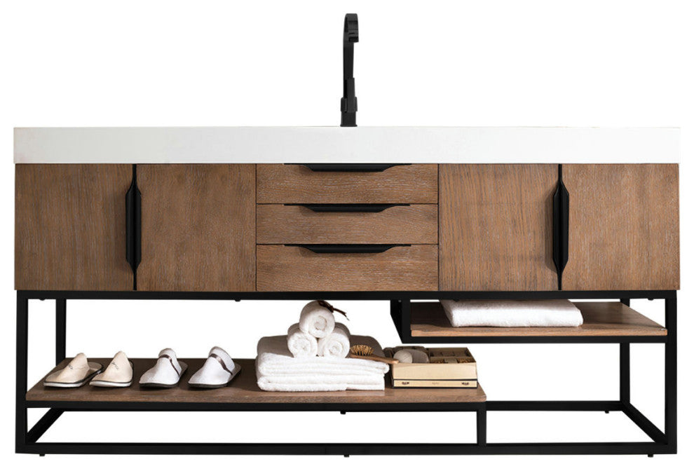 Columbia 72" Single Vanity, Latte Oak, Matte Black, Glossy White Composite Top