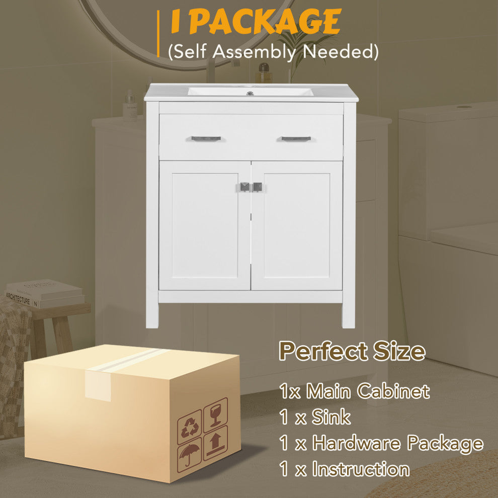 30 Inch Bathroom Vanity with Ceramic Sink, White