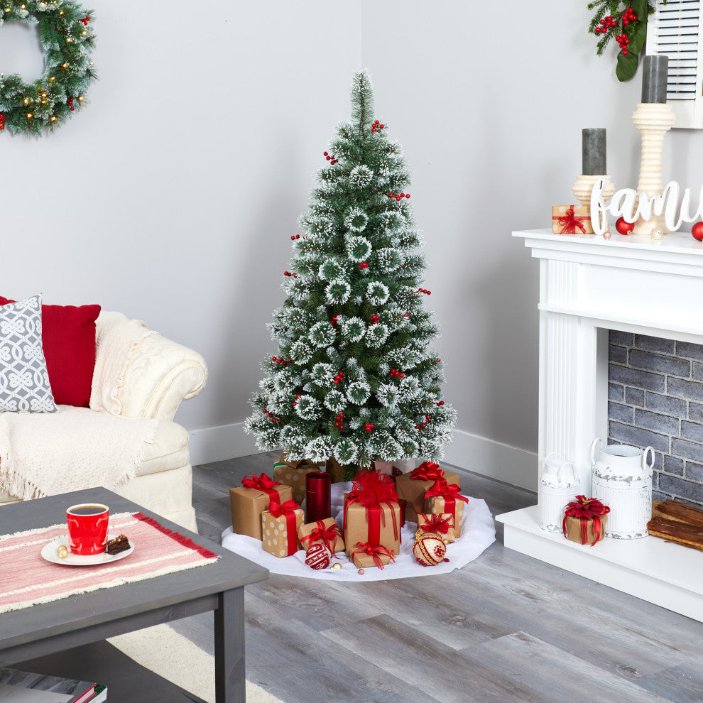 5' Frosted Swiss Pine Faux Christmas Tree With 200 Clear LED Lights and Berries