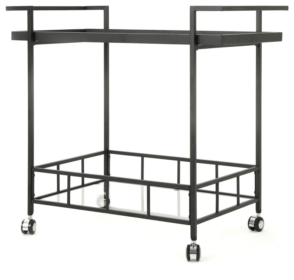 GDF Studio Brose Indoor Black Iron Bar Cart With Tempered Glass Shelves