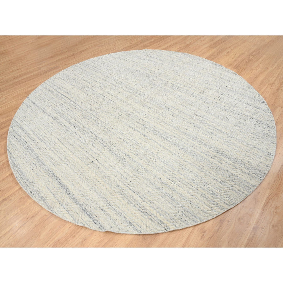 Beige Wool Hand Loomed Variegated Textured Modern Design Round Rug, 9'10"x9'10"