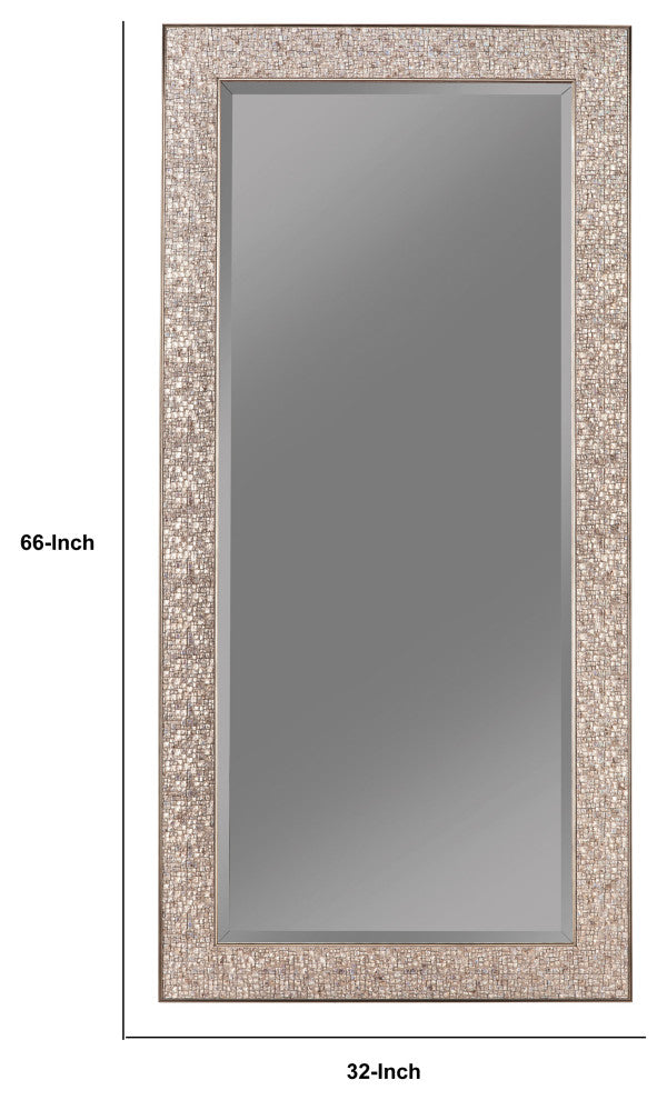 Benzara BM233237 Beveled Accent Floor Mirror With Glitter Mosaic Pattern, Silver