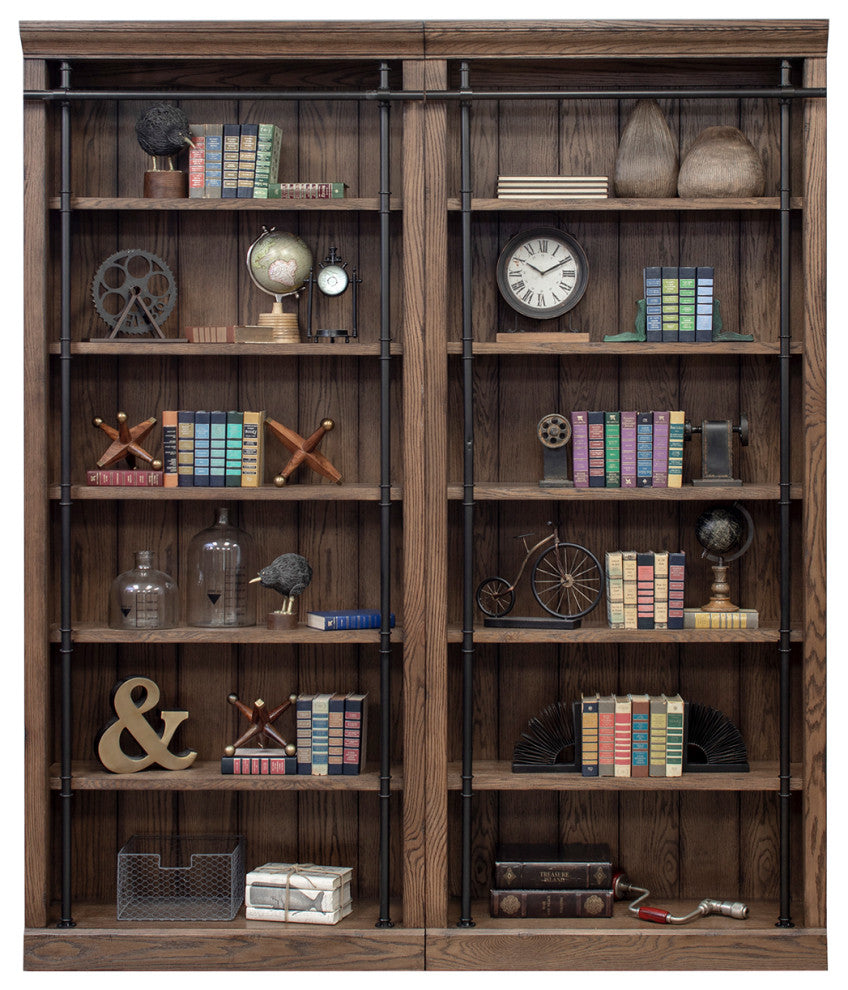 8' Tall Bookcase Wall With Ladder, Storage Organizer, Brown