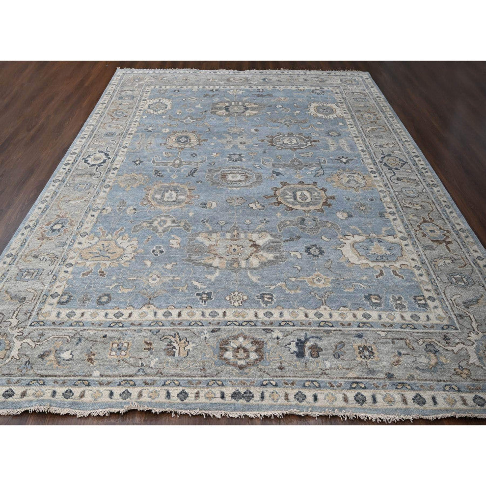 Silver Blue Wool Hand Knotted Oushak Design Oversized Oriental Rug 11'9"x14'10"