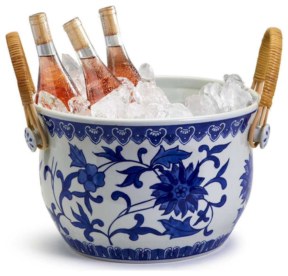 Two's Company Chinoiserie Blue and White Party Bucket with Bamboo Handles