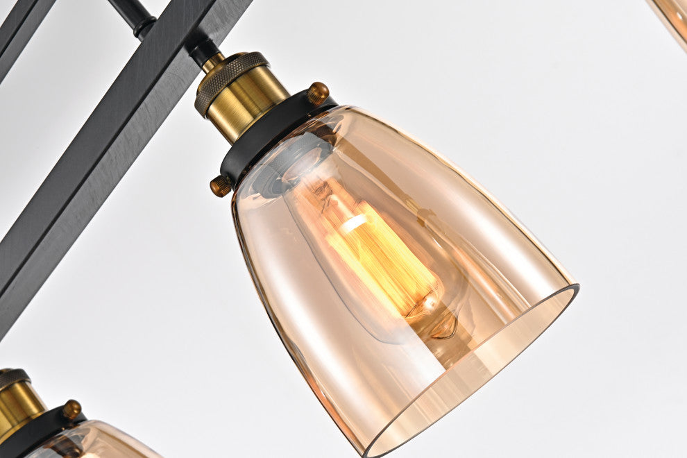 4-Light Antique Black Downlight Linear Kitchen Chandelier With Amber Glass