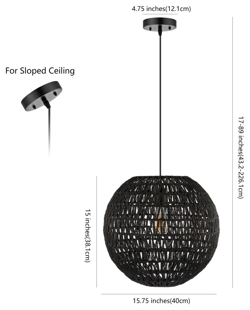 Luna 15.75" 1-Light Bohemian Modern Woven Rattan/Iron LED Pendant, Black