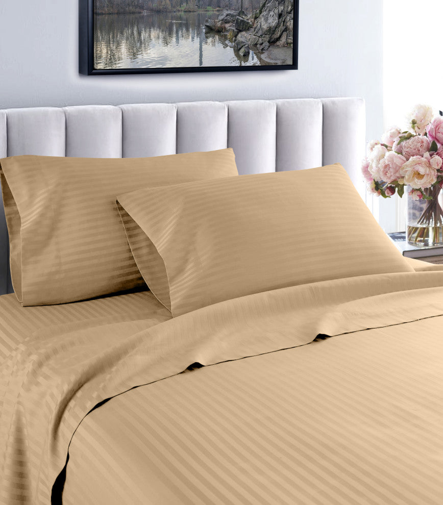 600 Thread Count 100% Cotton Stripe Sheet Set, Taupe, Twin