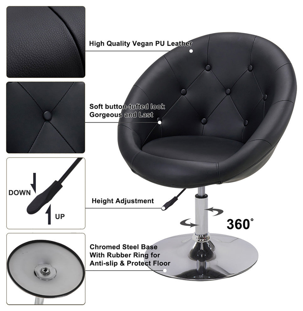 Button Tufted Swivel PU Leather Papasan Chair, Black