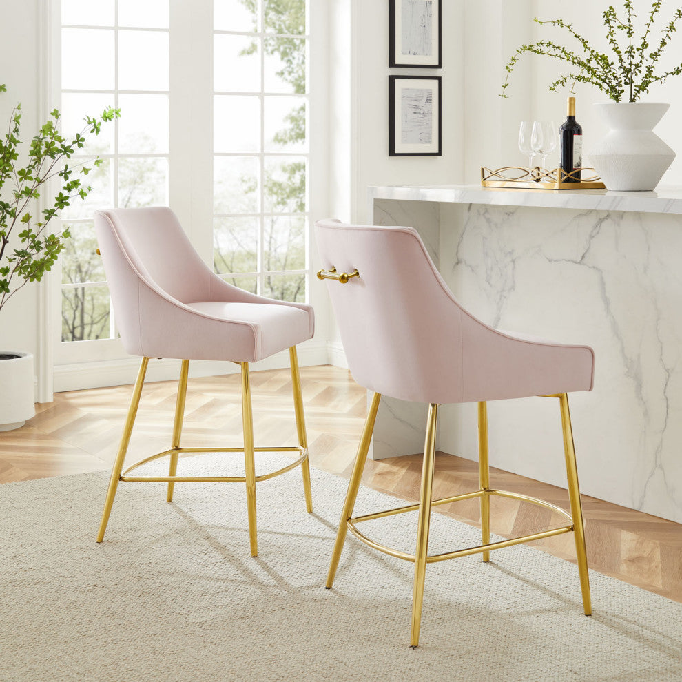 Counter Stool Chair, Set of 2, Pink, Velvet, Modern, Mid Century Lounge Dining