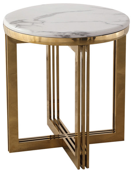 Modern Round Marble-top End Table Side Table in White & Gold