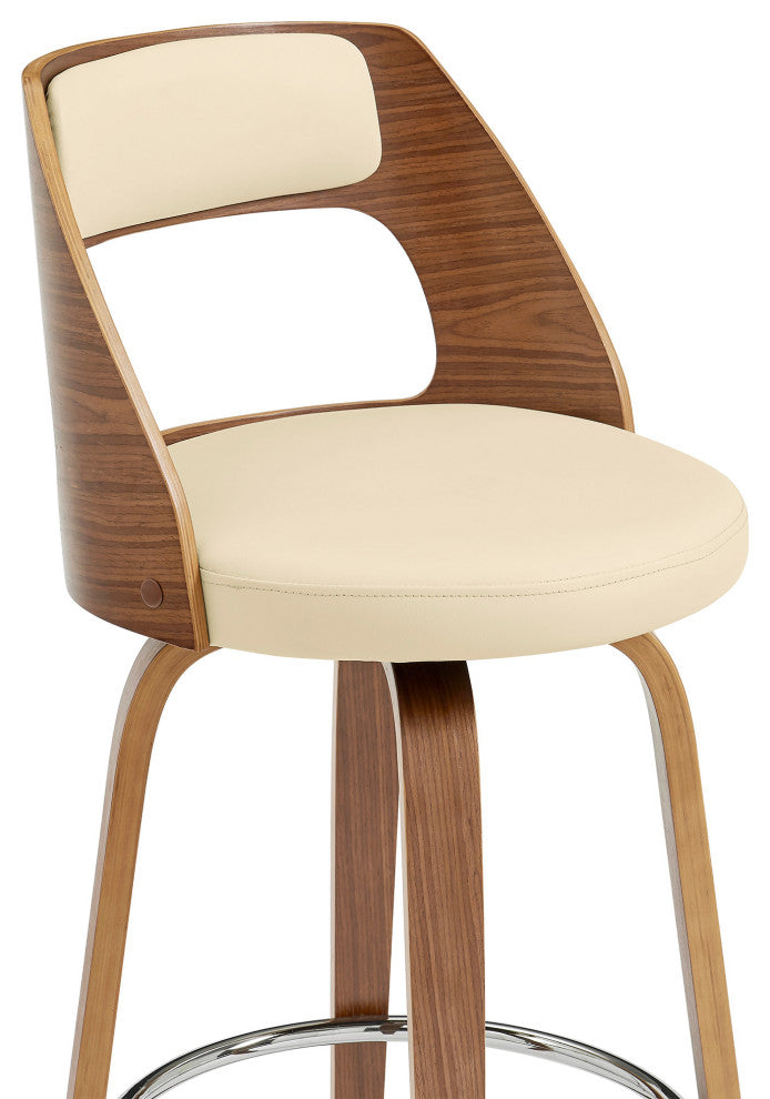 26" Retro Mod Cream Faux Leather and Walnut Swivel Counter Stool