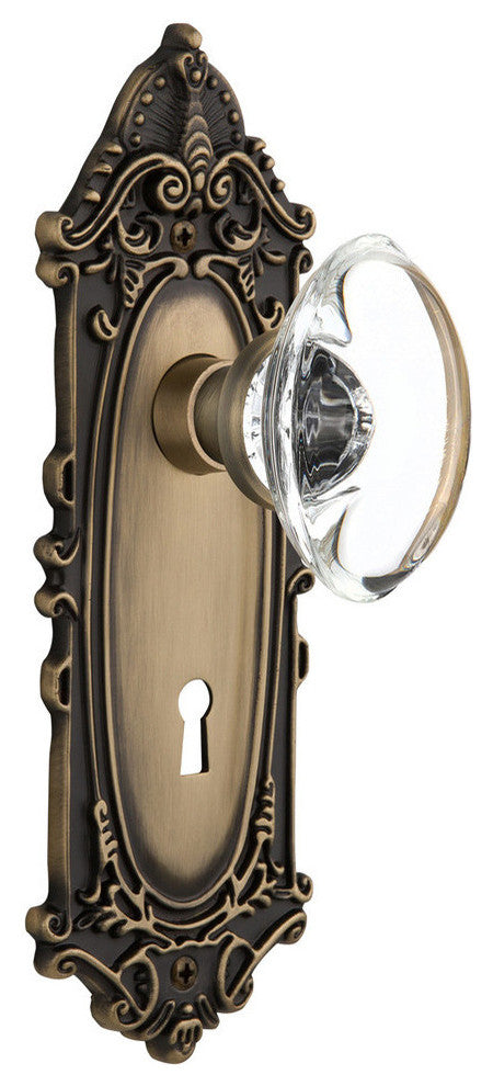 Double Victorian Plate With Oval Clear Crystal Knob, Antique Brass