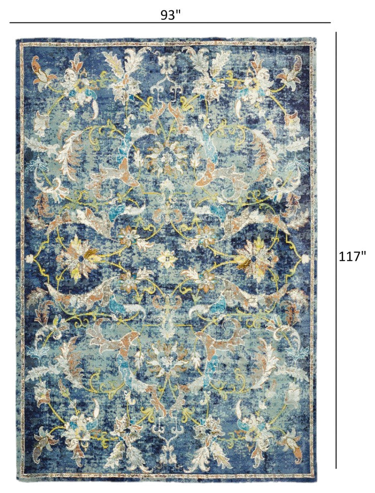 8" x 10" Blue and White Jacobean Pattern Area Rug