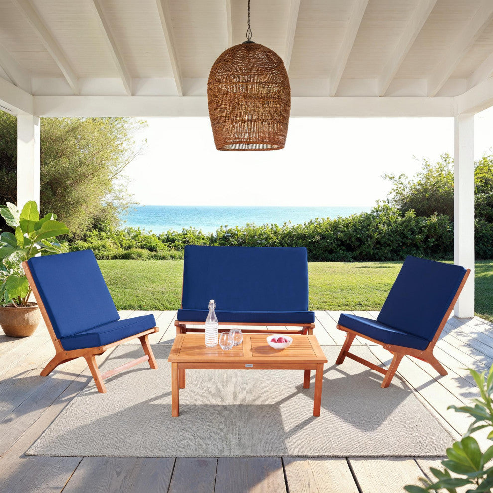 Safavieh Chaston Indoor-Outdoor 4-Piece Living Set, Natural Wood/Navy Cushion