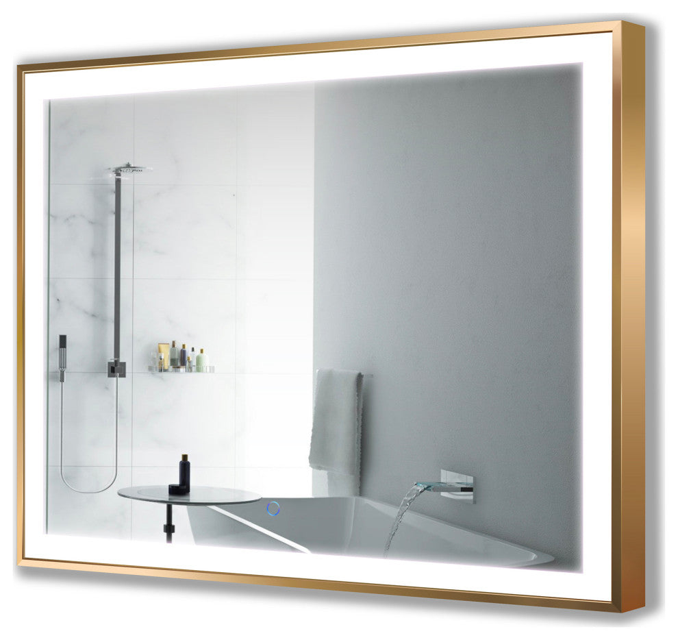 LED Lighted Bathroom Frame Mirror With Defogger, Gold, 48"x36"
