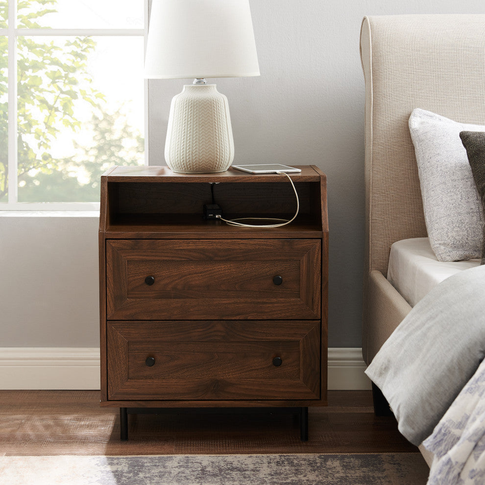 22" Curved Open Top 2 Drawer End Table With USB, Dark Walnut