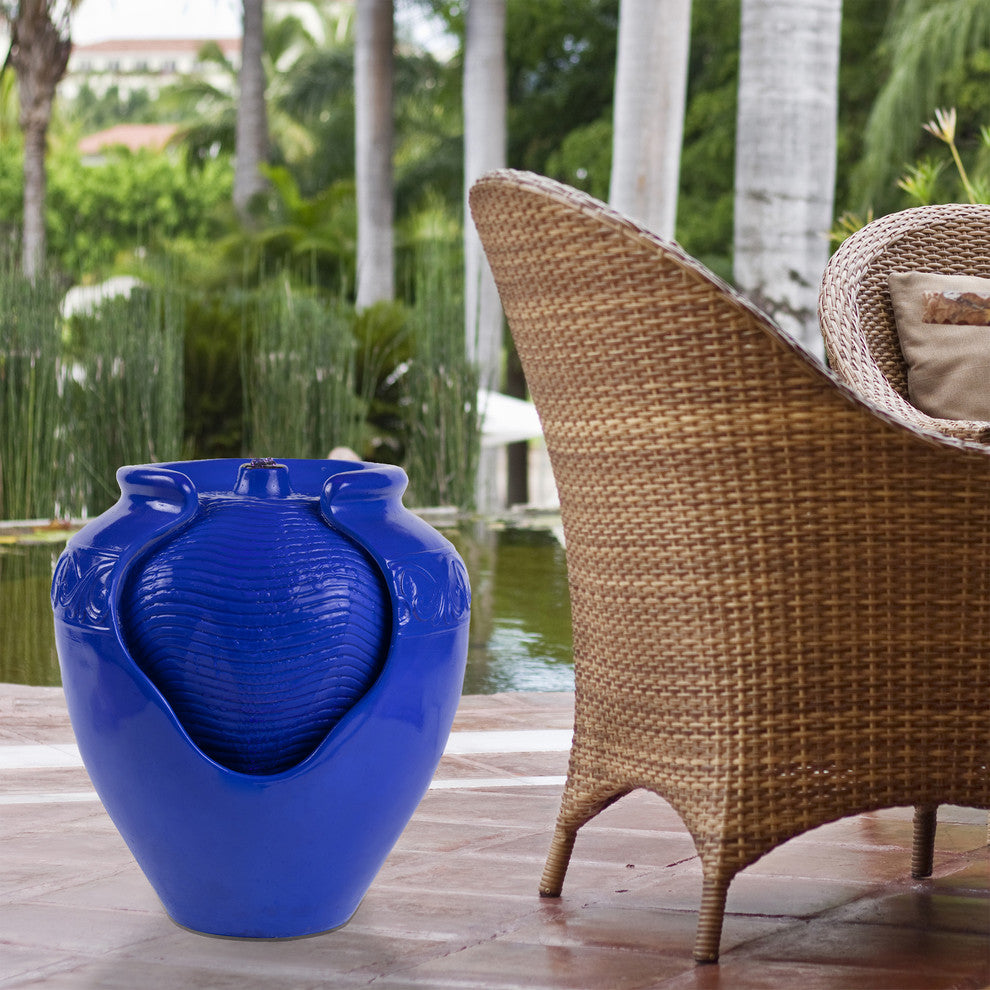 Pure Garden Resin Electric Glazed Jar Water Fountain, Blue