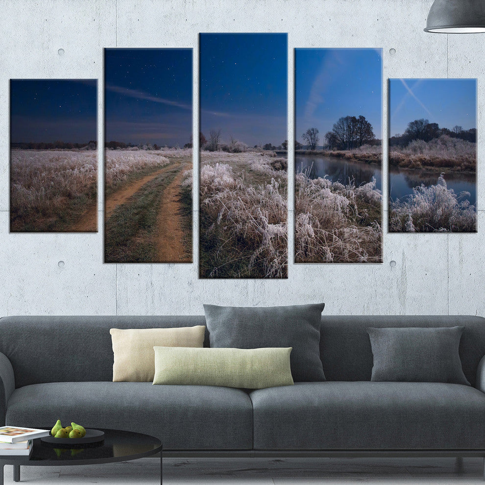 "Frosty Fall Night in Moonlight" Landscape Print Wall Artwork, 5 Panels, 60"x32"